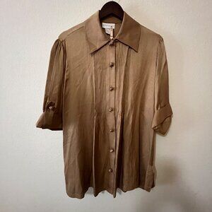 Soft Surroundings Women's 1/2 Roll Tab Sleeve Gold Silk Blouse Button Up SZ S
